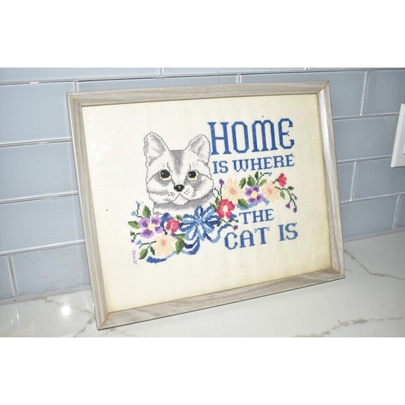 "HOME IS WHERE THE CAT IS" Cross Stitched Finished and Framed "Astor Place" Kit - Picture 2 of 4